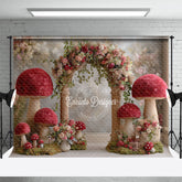Aperturee - Aperturee Fantasy Mushroom Arch Photography Backdrop Red Toadstools with Floral Garland Enchanted Wedding Photo Background